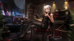 Rule 34 | + +, 1girl, absurdres, alcohol, ambience synesthesia, antenna hair, arknights, armchair, bare shoulders, belt, black dress, black hat, black pantyhose, bottle, breasts, brown eyes, ceiling light, chair, cleavage, crossover, demon girl, demon horns, demon tail, dress, feet, foot out of frame, grey hair, hat, highres, holding, holding clothes, holding hat, horns, indoors, instrument, legs, ling dianxia, looking at viewer, medium breasts, multicolored hair, night, no shoes, official alternate costume, pantyhose, parted lips, piano, radio, red hair, shelf, short hair, sitting, smile, solo, tail, thigh strap, toes, two-tone hair, unworn hat, unworn headwear, w (arknights), window
