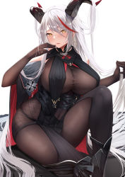 Rule 34 | 1girl, absurdly long hair, aegir (azur lane), azur lane, black legwear, blush, bodystocking, breasts, covered navel, earrings, elbow gloves, gloves, highres, horns, jewelry, kazuha (saku kn), knee up, large breasts, long hair, looking at viewer, multicolored hair, parted lips, red hair, silver hair, simple background, sitting, solo, streaked hair, thighs, very long hair, white background