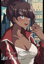 Rule 34 | 1girl, asahina aoi, blue eyes, blush, breasts, brown hair, cleavage, collarbone, commentary, criis-chan, danganronpa: trigger happy havoc, danganronpa (series), dark-skinned female, dark skin, doughnut, eating, food, hair ornament, hairclip, hand up, high ponytail, holding, jacket, large breasts, long hair, long sleeves, looking at viewer, medium breasts, open clothes, open jacket, open mouth, outdoors, ponytail, red jacket, short hair, smile, solo, symbol-only commentary, teeth, track jacket, twitter username, upper body, upper teeth only