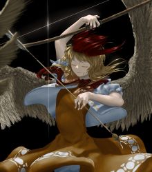 Rule 34 | 1girl, arrow (projectile), bird wings, black background, blonde hair, bow (weapon), brown dress, closed eyes, closed mouth, commentary request, cowboy shot, dress, feathered wings, highres, holding, holding arrow, holding bow (weapon), holding weapon, kajatony, multicolored hair, niwatari kutaka, puffy short sleeves, puffy sleeves, red hair, shirt, short hair, short sleeves, simple background, solo, touhou, two-tone hair, weapon, white shirt, wings, yellow wings