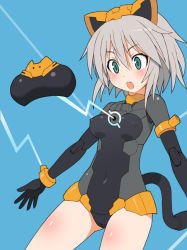 Rule 34 | 1girl, :o, animal ears, black leotard, blush, breast expansion, breasts, cable, cat ears, covered navel, fake animal ears, fang, grey hair, joints, leotard, looking down, mechanical ears, mechanical tail, medium breasts, model kit, richetta (30ms), robot joints, shishimaru ken&#039;ya, short hair, solo, surprised, tail, thirty minutes sisters
