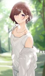 Rule 34 | absurdres, blurry, blurry background, brown hair, collarbone, cowboy shot, hair ornament, hairclip, highres, higuchi madoka, idolmaster, idolmaster shiny colors, jacket, jewelry, looking at viewer, mole, mole under eye, necklace, off shoulder, outdoors, pol winner, purple eyes, shirt, short hair, solo, tank top, white jacket, white shirt, white tank top