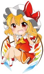Rule 34 | 1girl, bad id, bad pixiv id, berry jou, blonde hair, blush, bow, chibi, double v, fang, flandre scarlet, hat, hat bow, looking at viewer, mob cap, open mouth, red eyes, shirt, side ponytail, simple background, skirt, skirt set, smile, solo, touhou, v, vest, white background, wings