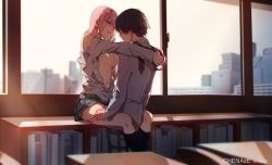 Rule 34 | 10s, 1boy, 1girl, arm around shoulder, artist name, bare shoulders, black hair, black legwear, blazer, blue eyes, blush, book, breasts, chenaze57, city, cityscape, clothes pull, commentary request, couple, darling in the franxx, dated, face-to-face, facing another, forehead-to-forehead, green eyes, grey blazer, grey pants, grey skirt, hair ornament, hairband, heads together, hetero, highres, hiro (darling in the franxx), holding, holding clothes, holding necktie, holding panties, holding underwear, horns, jacket, long hair, long sleeves, looking at another, medium breasts, navel, necktie, nipples, no bra, oni horns, open clothes, open jacket, open shirt, panties, pants, panty pull, pink hair, pink panties, plaid, plaid pants, plaid skirt, red horns, shirt, short hair, sitting, skirt, socks, stomach, striped neckwear, table, thighs, uncensored, underwear, underwear pull, white hairband, white shirt, window, zero two (darling in the franxx)