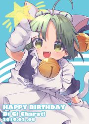 Rule 34 | 1girl, ahoge, animal ears, animal hat, apron, bell, blush, cat ears, cat hat, cat tail, dejiko, di gi charat, dress, fang, gloves, green eyes, green hair, hair bell, hair ornament, happy birthday, hat, highres, jingle bell, neck bell, open mouth, pointing, ribbon, short hair, short sleeves, solo, star (symbol), tail, wadante, white gloves