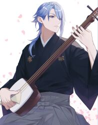 Rule 34 | 1boy, absurdres, bachi, black kimono, blue hair, closed mouth, commentary request, expressionless, genshin impact, grey hakama, hair between eyes, hair over shoulder, hakama, hand up, highres, holding, holding instrument, instrument, japanese clothes, kamisato ayato, kimono, light particles, long sleeves, male focus, medium hair, mole, mole under mouth, music, parted bangs, petals, playing instrument, plectrum, purple eyes, shamisen, sidelocks, simple background, solo, swept bangs, white background, wide sleeves, yadama (ydm 2w)