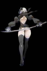 Rule 34 | 1girl, ass, black background, bow, from behind, hair bow, high heels, holding, holding weapon, nier (series), nier:automata, backless dress, ryouto, short hair, solo, sword, thighhighs, weapon, white hair, 2b (nier:automata)