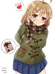 Rule 34 | 1girl, bandaid, bandaid on face, blue skirt, brown eyes, brown hair, fur-trimmed jacket, fur trim, gift, green jacket, heart, highres, jacket, kantai collection, leaning forward, looking at viewer, oboro (kancolle), official alternate costume, pleated skirt, sawatani (chevalier 04056), short hair, simple background, skirt, smile, solo, white background