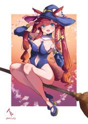 Rule 34 | 1girl, absurdres, animal ear fluff, animal ears, areola slip, ass, bad id, bad pixiv id, bare legs, bare shoulders, blue eyes, breasts, broom, broom riding, cleavage, clothing cutout, dated, fang, full body, hair over shoulder, hand up, hat, high heels, highleg, highleg leotard, highres, holding, holding wand, iparupua, large hat, leotard, medium breasts, multicolored hair, navel cutout, no bra, open mouth, orange hair, original, parted bangs, red hair, shrug (clothing), sidelocks, signature, sitting, skin fang, solo, sparkle, star wand, streaked hair, tail, thighs, twintails, two-tone hair, v, wand, witch, witch hat