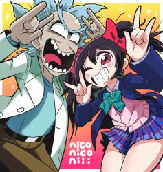 Rule 34 | 10s, 1boy, 1girl, ;), blazer, blush stickers, crossover, gashi-gashi, gradient background, jacket, lab coat, love live!, love live! school idol project, m/, nico nico nii, one eye closed, open mouth, rick and morty, rick sanchez, school uniform, skirt, smile, sparkle, spiked hair, teeth, twintails, white hair, yazawa nico