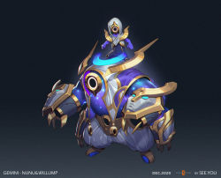 Rule 34 | 1boy, alternate costume, alternate form, armor, artist name, black background, child, claws, clenched hands, colored skin, facing viewer, full body, gemini (zodiac), grey background, grey pants, hood, hood up, league of legends, mask, nunu (league of legends), pants, purple skin, see you, space print, standing, standing on another&#039;s head, starry sky print, willump, zodiac