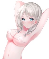 Rule 34 | 1girl, absurdres, armpits, arms up, artist request, bang dream!, bikini, blue eyes, breasts, cleavage, commission, commissioner upload, covered erect nipples, highres, low twintails, medium breasts, medium hair, micro bikini, navel, simple background, skeb commission, solo, swimsuit, twintails, wakamiya eve, white background, white hair