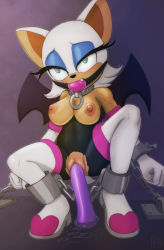 Rule 34 | 1girl, animal ears, animal nose, aqua eyes, artist name, ball gag, bare shoulders, bat ears, bat girl, bat wings, bdsm, black bodysuit, black wings, blue eyeshadow, body fur, bodysuit, bondage, boots, bound, breasts, breasts out, chain, clenched hands, clitoral hood, clitoris, collar, covered navel, cuffs, dildo, dildo riding, drooling, elbow gloves, eyeshadow, fang, female focus, full body, furry, furry female, gag, gagged, gloves, gradient background, half-closed eyes, heart, heart-shaped pupils, highres, large breasts, looking up, makeup, nipples, object insertion, open mouth, purple eyes, pussy, pussy juice, rolling eyes, rouge the bat, saliva, sex toy, shackles, short hair, simple background, solo, sonic (series), spread legs, squatting, symbol-shaped pupils, thigh boots, torn bodysuit, torn clothes, two-tone fur, uncensored, vaginal, vaginal object insertion, vntn, watermark, white footwear, white fur, white gloves, white hair, wings