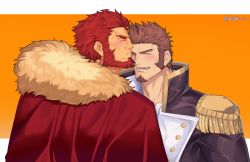 Rule 34 | 2boys, bara, beard, blush, brown hair, cape, closed eyes, couple, dark-skinned male, dark skin, epaulettes, facial hair, fate/grand order, fate (series), fringe trim, fur-trimmed cape, fur trim, goatee, highres, iskandar (fate), jacket, leather, leather jacket, loboke, long sideburns, long sleeves, male focus, mature male, military, military uniform, multiple boys, muscular, muscular male, napoleon bonaparte (fate), open clothes, open shirt, red cape, red hair, short hair, sideburns, thick eyebrows, uniform, upper body
