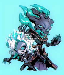 Rule 34 | 2boys, armor, black pants, black sclera, chibi, clenched teeth, colored sclera, cropped legs, english text, gauntlets, green background, green eyes, green hair, hair ornament, hand up, highres, jacket, league of legends, long hair, long sleeves, multiple boys, navel, nintendo, no shirt, octoling, octoling player character, open clothes, open jacket, pants, satt (06satt), simple background, slit pupils, splatoon (series), teeth, tentacle hair, thresh (league of legends), viego (league of legends), watermark, white hair