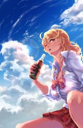 Rule 34 | 1girl, amaryllis gumi, blonde hair, blush, bow, bowtie, breasts, cleavage, cloud, coca-cola, collarbone, day, earrings, gyaru, hair ornament, hairclip, highres, jewelry, large breasts, long hair, loose bowtie, miniskirt, one eye closed, open clothes, open mouth, ouga saki, outdoors, shashaki, skirt, sky, soda bottle, solo, star (symbol), star earrings, virtual youtuber