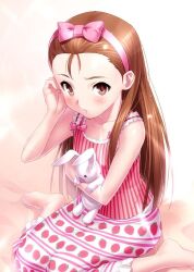 Rule 34 | 1girl, bare arms, barefoot, bow, brown eyes, brown hair, collarbone, flat chest, food print, forehead, frilled shirt, frills, from above, hairband, hand up, holding, holding stuffed toy, idolmaster, idolmaster (classic), long hair, looking at viewer, minase iori, parted lips, pink bow, pink hairband, pink shirt, rabbit, shiny skin, shirt, simple background, sitting, skirt, sleeveless, sleeveless shirt, solo, straight hair, strawberry print, stuffed animal, stuffed toy, upturned eyes, very long hair, wariza, white background, white skirt, zen (kamuro)