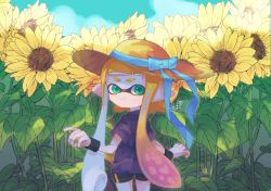 Rule 34 | 1girl, artist name, bike shorts, black shorts, blue ribbon, blue shirt, blue sky, blunt bangs, brown hat, closed mouth, cloud, cloudy sky, commentary, cowboy shot, flower, from behind, green eyes, hat, hat ribbon, highres, inkling, inkling girl, inkling player character, long hair, looking at viewer, looking back, mask, nintendo, orange hair, pointy ears, ribbon, sahata saba, shirt, short shorts, short sleeves, shorts, signature, single vertical stripe, sky, smile, solo, splatoon (series), standing, sun hat, sunflower, t-shirt, tentacle hair, wristband
