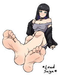 Rule 34 | 1girl, absurdres, barefoot, black hair, blush, feet, foot focus, green eyes, highres, lewdsaiga, long hair, looking at viewer, pa-san, simple background, sitting, smile, soles, solo, toes, white background