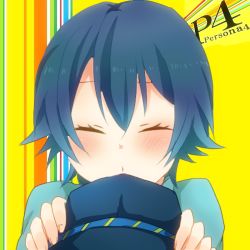 Rule 34 | 1girl, amnos18, androgynous, atlus, blue hair, blush, cabbie hat, closed eyes, hat, incoming kiss, lowres, necktie, persona, persona 4, reverse trap, shirogane naoto, solo