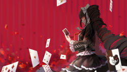 Rule 34 | 10s, 1girl, ace (playing card), ace of hearts, ace of spades, black hair, blurry, bonnet, card, celestia ludenberg, danganronpa: trigger happy havoc, danganronpa (series), depth of field, dre, drill hair, earrings, eight of diamonds (playing card), glowing, glowing eyes, gothic lolita, grin, hairband, heart, highres, jewelry, joker (playing card), lolita fashion, lolita hairband, monokuma, necktie, playing card, red background, red eyes, smile, solo, spade (shape), twin drills