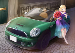 Rule 34 | 1girl, bare shoulders, black footwear, blonde hair, blue dress, blue eyes, bouquet, braid, car, closed mouth, commentary, day, door, dress, fence, flower, hands up, high heels, highres, holding, holding bouquet, long hair, mini cooper, motor vehicle, off-shoulder dress, off shoulder, original, outdoors, ponytail, purple dress, red flower, red rose, rose, rukinya (nyanko mogumogu), shoes, smile, solo, symbol-only commentary, vehicle focus, vehicle request