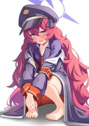Rule 34 | 1girl, absurdres, armband, barefoot, black hat, blue archive, blush, breasts, collarbone, collared shirt, commentary request, feet, hair between eyes, halo, hat, highres, iroha (blue archive), jacket, long bangs, long hair, long sleeves, looking at viewer, military, military uniform, naughty face, necktie, olecafe2, open clothes, open jacket, open mouth, own hands together, peaked cap, purple eyes, purple shirt, red hair, red necktie, shirt, simple background, small breasts, smile, solo, squatting, toes, uniform, very long hair, wavy hair, white background
