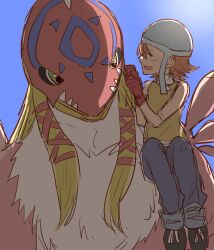 Rule 34 | absurdres, blonde hair, closed eyes, digimon, digimon (creature), feathers, garudamon, highres, looking at another, mask, takenouchi sora