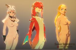 Rule 34 | 3d, breasts, colored skin, covered erect nipples, fins, fish girl, gills, gold trim, mipha, multicolored skin, nintendo, nipples, nude, paya (zelda), perky breasts, petite, pointy ears, princess zelda, pussy, red skin, sable serviette, small breasts, standing, the legend of zelda, the legend of zelda: breath of the wild, third-party source, two-tone skin, uncensored, zora