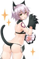 Rule 34 | 1girl, animal ears, animal hands, ass, bare shoulders, black panties, black thighhighs, blush, breasts, cat ears, cat tail, chestnut mouth, fate/apocrypha, fate/grand order, fate (series), from behind, gloves, green eyes, highres, jack the ripper (fate/apocrypha), kemonomimi mode, looking at viewer, midriff, open mouth, panties, paw gloves, scar, short hair, shunichi, silver hair, small breasts, solo, tail, thighhighs, thighs, underwear