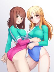 Rule 34 | 2girls, adjusting clothes, adjusting leotard, alfort (may0508), ass, blonde hair, blush, breasts, brown eyes, brown hair, closed mouth, commentary request, commission, covered navel, girlfriend (kari), gradient background, grey background, gymnastics, highres, large breasts, leotard, long hair, looking at viewer, multiple girls, open mouth, pixiv commission, rhythmic gymnastics, sasahara nonoka, shiina kokomi, smile, standing, thighs