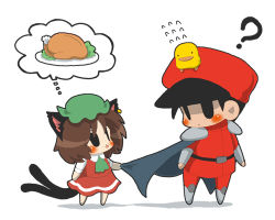 Rule 34 | 1boy, 1girl, ?, animal ears, anna (or), anna (pixiv), bird, black eyes, blush, brown hair, capcom, cape, cat ears, cat tail, chen, chibi, crossover, earrings, food, hat, jewelry, lowres, m. bison, multiple tails, simple background, single earring, smile, solid circle eyes, spoken food, street fighter, tail, thought bubble, touhou, white background