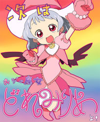 Rule 34 | 1girl, child, cosplay, crossover, harukaze doremi, harukaze doremi (cosplay), hat, kintaro, magical girl, ojamajo doremi, parody, pink hat, pun, rainbow background, red hair, remilia scarlet, solo, touhou, translation request