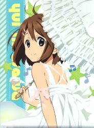 Rule 34 | 1girl, absurdres, animage, blush, brown eyes, brown hair, english text, frilled umbrella, frills, hair ornament, hairpin, highres, hirasawa yui, holding, holding umbrella, horiguchi yukiko, k-on!, looking at viewer, looking back, official art, scan, simple background, smile, solo, umbrella, wind