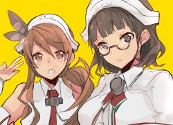 Rule 34 | 10s, 2girls, bare shoulders, blunt bangs, breasts, brown eyes, brown hair, capelet, detached sleeves, eyewear strap, glasses, headdress, kantai collection, large breasts, littorio (kancolle), long hair, multiple girls, necktie, open mouth, pince-nez, ponytail, r left, rn (radon&#039;ya), roma (kancolle), shirt, sleeveless, sleeveless shirt, smile, wavy hair