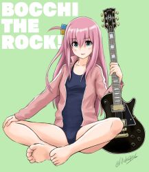 Rule 34 | 1girl, blue eyes, blue one-piece swimsuit, bocchi the rock!, copyright name, cube hair ornament, electric guitar, flick (sal23), full body, gibson les paul, gotoh hitori, green background, guitar, hair between eyes, hair ornament, highres, holding, holding instrument, instrument, jacket, long hair, looking at viewer, one-piece swimsuit, one side up, pink hair, pink jacket, simple background, sitting, solo, swimsuit, swimsuit under clothes, track jacket, twitter username