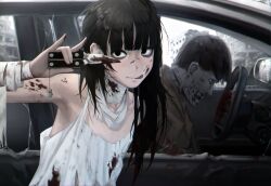 Rule 34 | 1boy, 1girl, :p, absurdres, armpits, bags under eyes, bandages, black eyes, black hair, blood, blood on clothes, blood on face, bloody weapon, blunt bangs, car, corpse, crazy, death, deuljjugnaljjug, highres, leaning to the side, long hair, looking at viewer, messy hair, motor vehicle, original, sanpaku, shears, tongue, tongue out, torn clothes, weapon