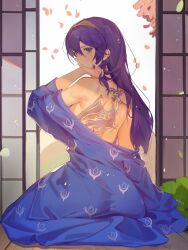 Rule 34 | 1girl, back, back tattoo, bare back, bare shoulders, blue eyes, blue hair, closed mouth, dragon tattoo, falling petals, fire emblem, fire emblem awakening, hair between eyes, hand in own hair, hand up, headband, highres, japanese clothes, kimono, long hair, looking at viewer, looking back, lucina (fire emblem), nintendo, obsession, open door, partially undressed, petals, solo, symbol-shaped pupils, tattoo