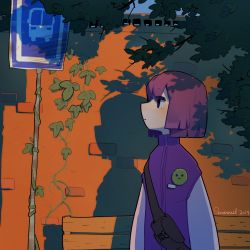 Rule 34 | 1girl, album cover, bench, black eyes, bob cut, branch, bus stop, closed mouth, cover, dated, fanny pack, highres, ivy, jacket, original, outdoors, profile, purple hair, purple jacket, shadow, signature, solo, sparrowl, standing, virtual youtuber, wall