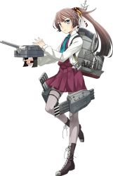 Rule 34 | 1girl, blue eyes, blue necktie, boots, brown hair, closed mouth, cross-laced footwear, depth charge projector, dress shirt, fujikawa, full body, grey pantyhose, hair ribbon, kantai collection, kazagumo (kancolle), lace-up boots, long hair, looking at viewer, necktie, official art, pantyhose, ponytail, ribbon, rigging, shirt, solo, torpedo launcher, transparent background, turret, white shirt