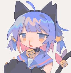 Rule 34 | 1girl, :o, ahoge, animal ears, animal hands, animated, animated gif, bell, black choker, black hairband, blinking, blood, blue eyes, blue hair, cat ears, cat tail, choker, crying, crying with eyes open, daizu (melon-lemon), fake animal ears, gradient eyes, grey background, hair ornament, hairband, highres, jingle bell, multicolored eyes, neck bell, no nose, nosebleed, open mouth, original, sad, sailor collar, short hair, short twintails, simple background, solo, star (symbol), star hair ornament, tail, tail bell, tail ornament, tears, twintails, upper body