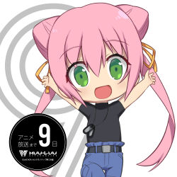 Rule 34 | 1girl, black shirt, blue pants, chibi, copyright name, countdown, dog tags, double bun, green eyes, hair bun, logo, looking at viewer, makishima azusa, muv-luv, muv-luv alternative, muv-luv alternative (anime), official art, open hands, open mouth, pants, pink hair, promotional art, shirt, shirt tucked in, smile, solo, tamase miki, twintails