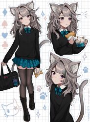 Rule 34 | 1girl, animal ear fluff, animal ears, bag, black footwear, black sweater, blue bow, blue skirt, blush, boots, bow, brown hair, brown thighhighs, cat ears, cat girl, cat tail, club (shape), collared shirt, commentary request, cross-laced footwear, diamond (shape), facial mark, food, food on face, genshin impact, head tilt, heart, highres, holding, holding bag, holding food, lace-up boots, long hair, long sleeves, lynette (genshin impact), miniskirt, multiple views, parted lips, puffy long sleeves, puffy sleeves, purple eyes, school bag, school uniform, shirt, single hair intake, skirt, sleeves past wrists, spade (shape), sparkle, standing, standing on one leg, star (symbol), sweater, tail, thighhighs, thighhighs under boots, vickie (cryingrobot), white background, white shirt