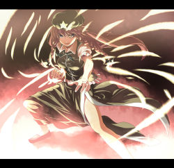 Rule 34 | 1girl, bad id, bad pixiv id, braid, china dress, chinese clothes, dress, female focus, fighting stance, hat, hong meiling, immaterial and missing power, ippaiccha, letterboxed, long hair, red hair, solo, touhou, twin braids, yudofu