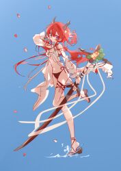 1029517702 1girl absurdres arknights bare_shoulders bikini black_bikini blue_eyes detached_sleeves full_body hair_rings highres holding holding_sword holding_weapon horns long_sleeves petals puffy_long_sleeves puffy_sleeves red_hair ribbon sandals shirt solo surtr_(arknights) surtr_(colorful_wonderland)_(arknights) swimsuit sword water weapon white_ribbon white_shirt