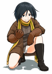 Rule 34 | 10s, 1girl, bandaid, bandaid on face, black hair, blue eyes, blush stickers, boots, brave witches, clenched hand, full body, gloves, grin, jacket, kanno naoe, kneeling, leather, leather jacket, military jacket, on one knee, panties, rikizo, scarf, shadow, short hair, simple background, smile, solo, strike witches, underwear, white background, white panties, world witches series