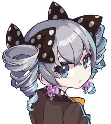 Rule 34 | 1girl, black bow, bow, bronya zaychik, bronya zaychik (wolf&#039;s dawn), brown jacket, commentary, drill hair, earrings, from behind, glowing, grey eyes, grey hair, hair bow, highres, honkai (series), honkai impact 3rd, jacket, jewelry, looking at viewer, looking back, parted lips, polka dot, polka dot bow, simple background, solo, thick eyebrows, twin drills, twintails, upper body, white background, xtacy