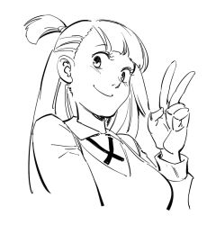 Rule 34 | 1girl, closed mouth, collared shirt, greyscale, hand up, kagari atsuko, little witch academia, long sleeves, looking at viewer, monochrome, ruukii drift, shirt, simple background, smile, solo, topknot, upper body, v, vest, white background