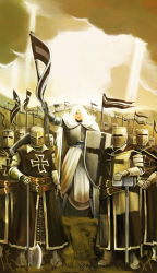 Rule 34 | 1girl, 6+boys, armor, army, axe, belt, breastplate, chainmail, cloud, cross, flag, full armor, gauntlets, hammer, helm, helmet, holding, knight, knights hospitaller, knights templar, light rays, looking at viewer, medieval, multiple boys, outdoors, outstretched arm, pennant, robe, scenery, sepia, shield, sky, standing, sunbeam, sunlight, tabard, total war, war, weapon, white hair, yana yana
