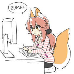 Rule 34 | 1girl, :3, animal ear fluff, animal ears, black hairband, bra, breasts, chair, cleavage, collarbone, drawfag, fate/extra, fate/extra ccc, fate (series), fox ears, fox girl, fox tail, hair between eyes, hairband, hood, hoodie, keyboard (computer), long hair, long sleeves, looking at object, monitor, official alternate costume, pink bra, pink hair, sitting, solo, speech bubble, striped clothes, striped hoodie, tail, tamamo (fate), tamamo no mae (fate/extra), tamamo no mae (spring casual) (fate), typing, underwear, white background, yellow eyes